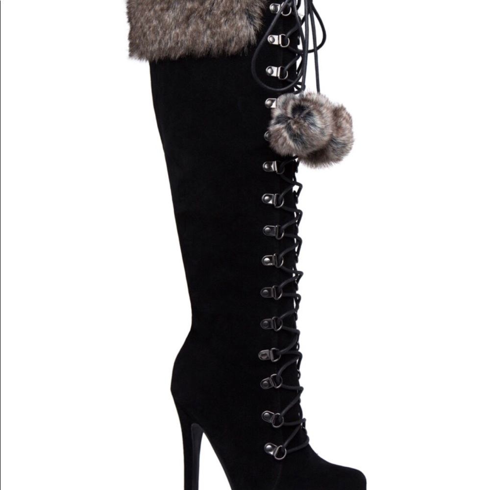KneeHigh Platform Stiletto Boots Black w/ Faux Fur